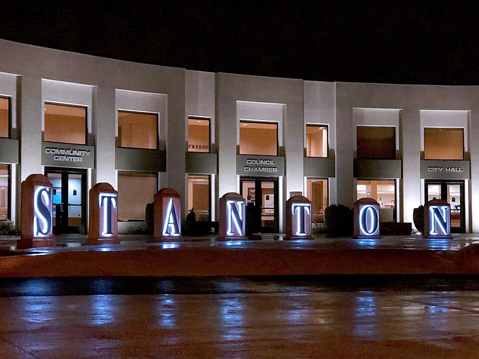 Stanton City Hall after rain — real photograph